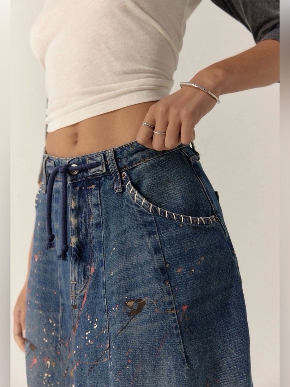 Free People Tricia Fix Maxi Skirt We The Free Stitch Splatter Paint Blue